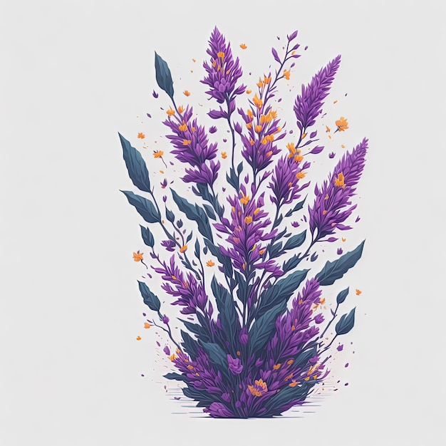 A drawing of a plant with purple flowers and leaves.