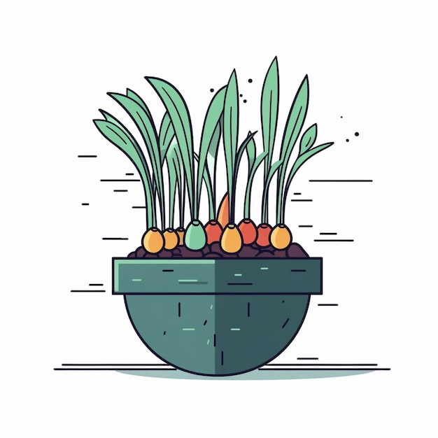 A drawing of a planter with a green plant in it.