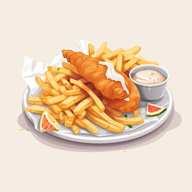 A drawing of a plate of food with a fish and chips on it.