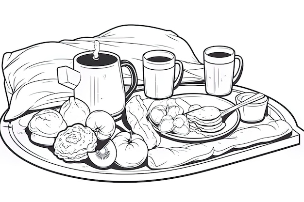 a drawing of a plate of food with a jug and a pitcher.