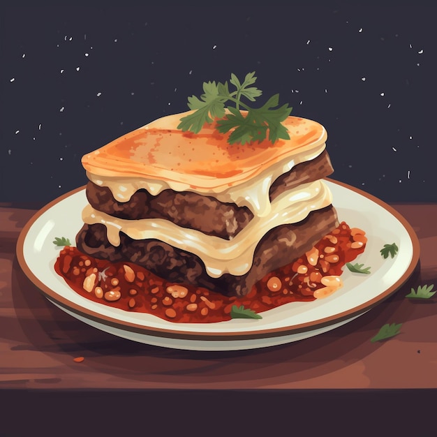 A drawing of a plate of food with a steak and cheese dish on it.