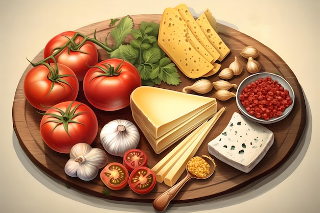 A drawing of a plate of food with tomatoes, cheese, and herbs.