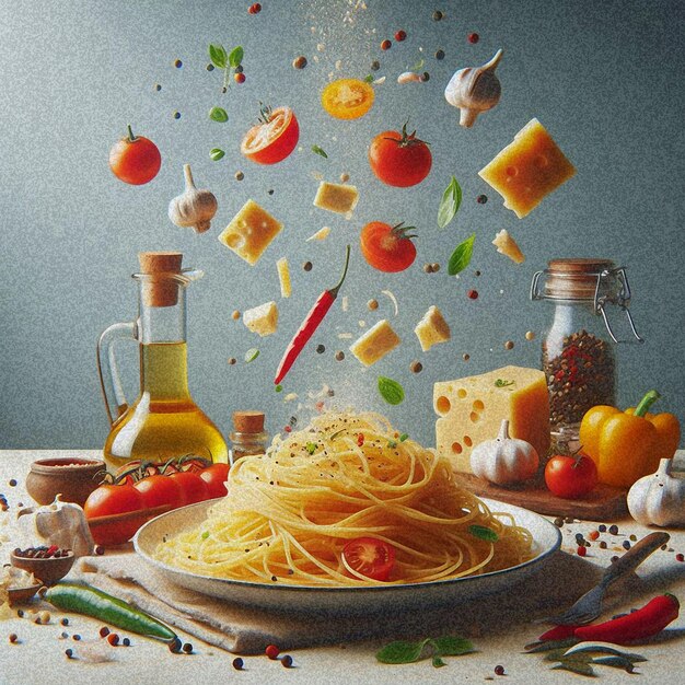 Foto disegno di un piatto di spaghetti e una ciotola di pasta