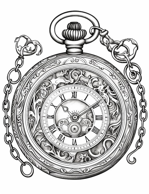 a drawing of a pocket watch with a chain around it generative ai