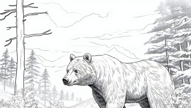 Photo drawing of a polar bear in the forest handdrawn illustration