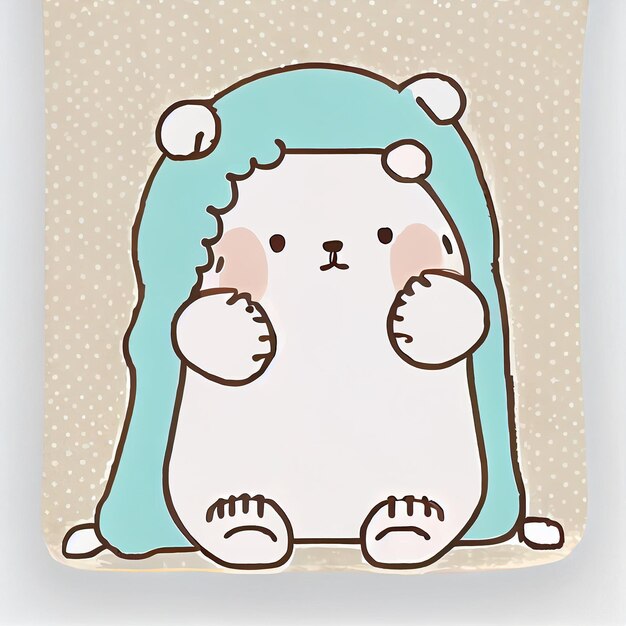 A drawing of a polar bear with a blue cover and a green blanket.