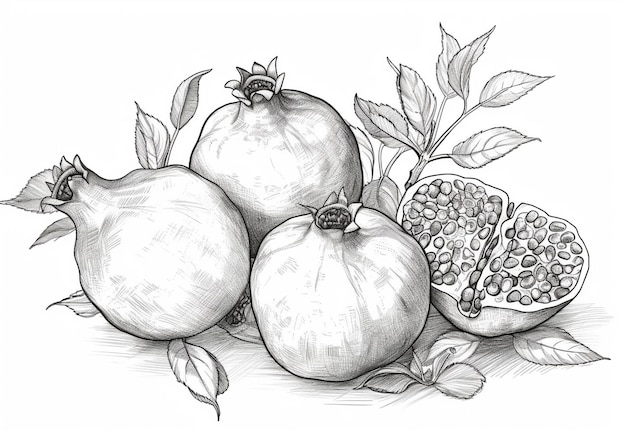 A drawing of pomegranates and a piece of fruit