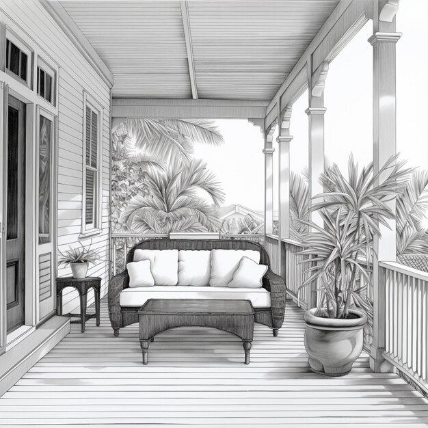 a drawing of a porch with a couch and a table generative ai