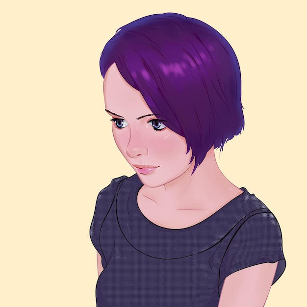 Drawing portrait of young woman with purple hair with thoughtful look on beige background