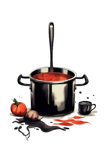 A drawing of a pot of soup with a spoon pouring it into it.