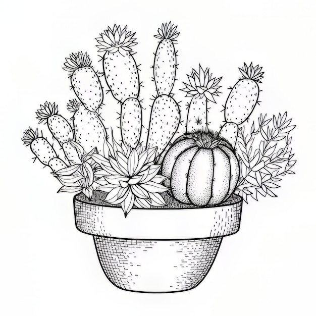 Photo a drawing of a pot with a cactus and a pumpkin.