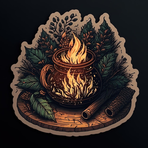 a drawing of a pot with a fire on it