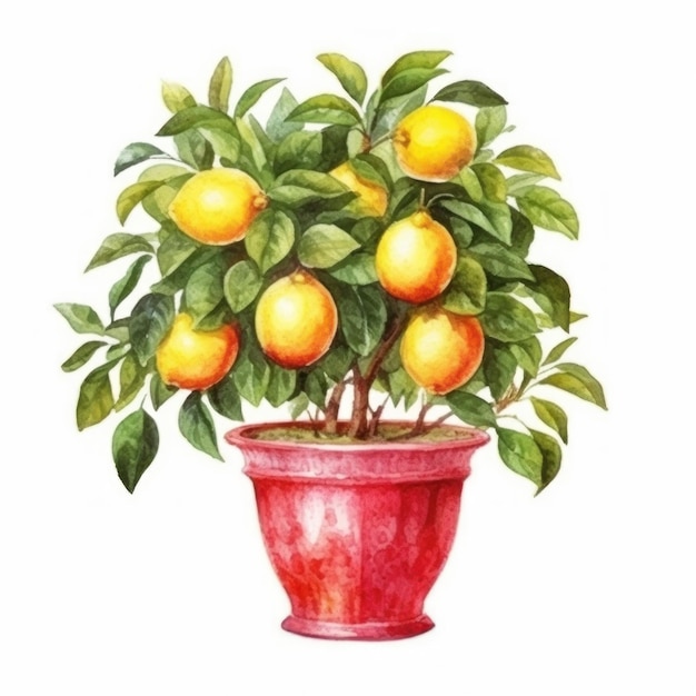 рисунок горшка с лимонами и листьями