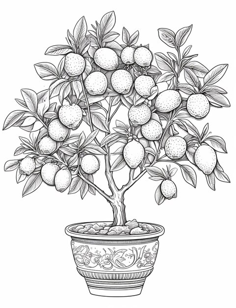 a drawing of a potted lemon tree with fruit on it generative ai