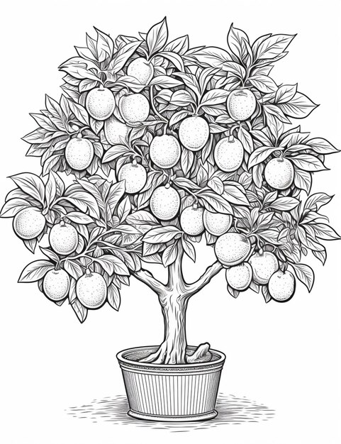 a drawing of a potted orange tree with fruit on it generative ai