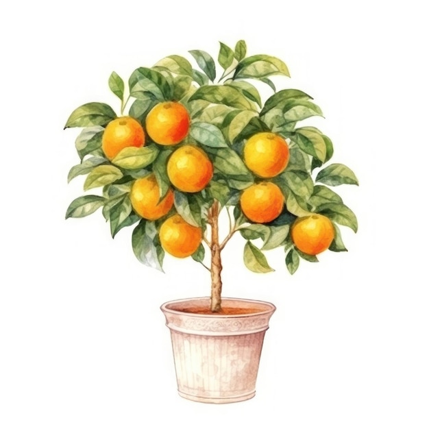 잎과 오렌지 비를 가진 비에 넣은 오렌지 나무의 그림.