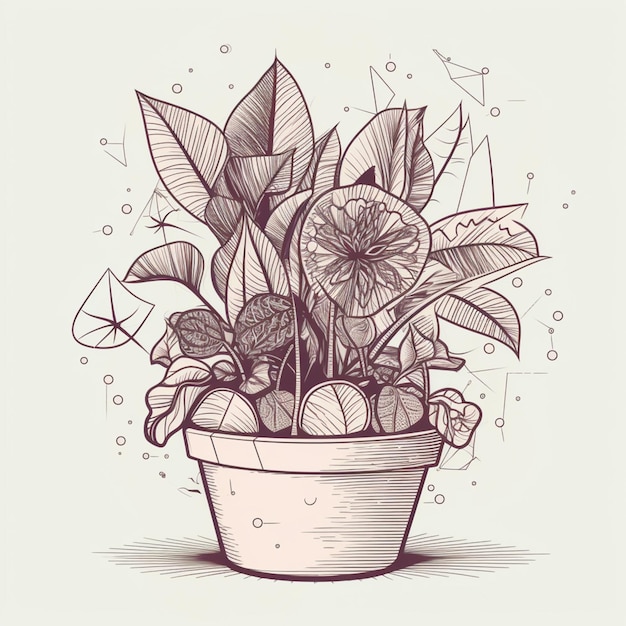 Foto disegno di una pianta in vaso con fiori e foglie generative ai