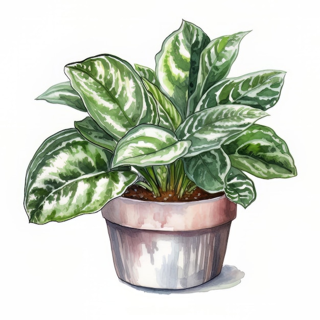 緑の葉の植物が入った鉢植えの絵。