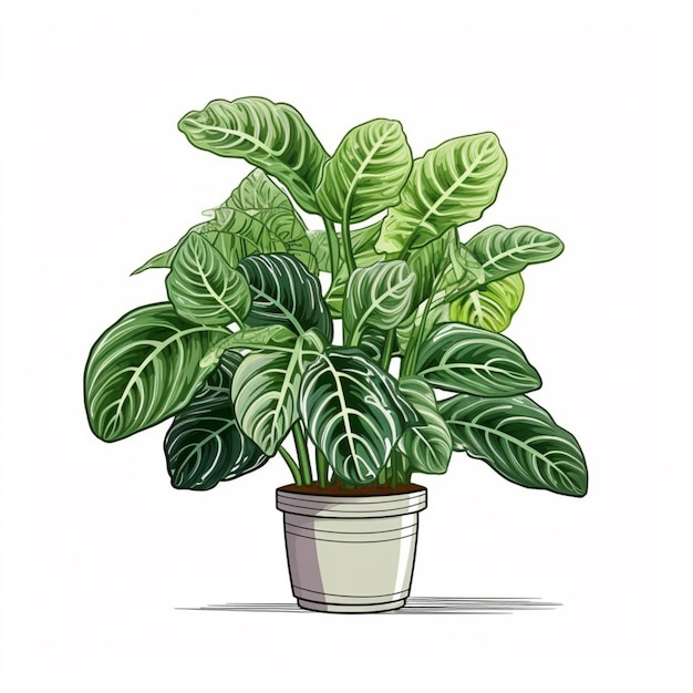 A drawing of a potted plant with green leaves on a white background generative ai