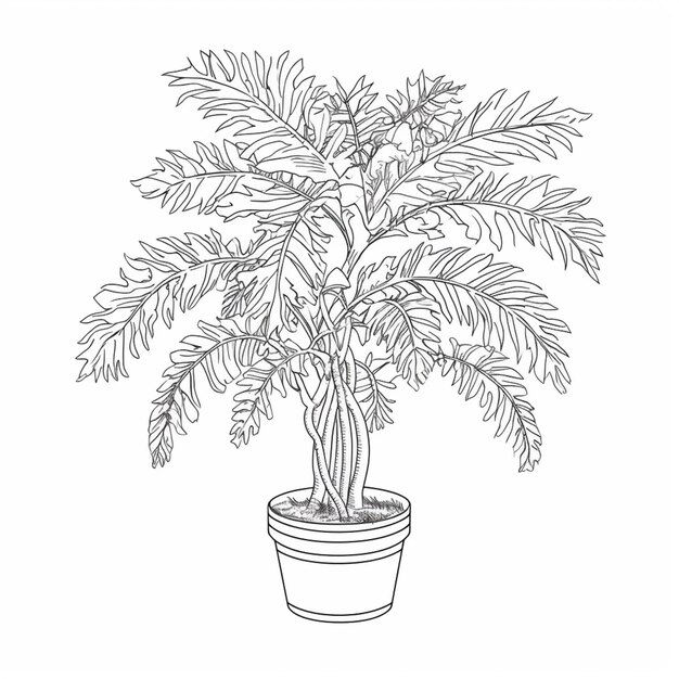 a drawing of a potted plant with leaves on a white background generative ai