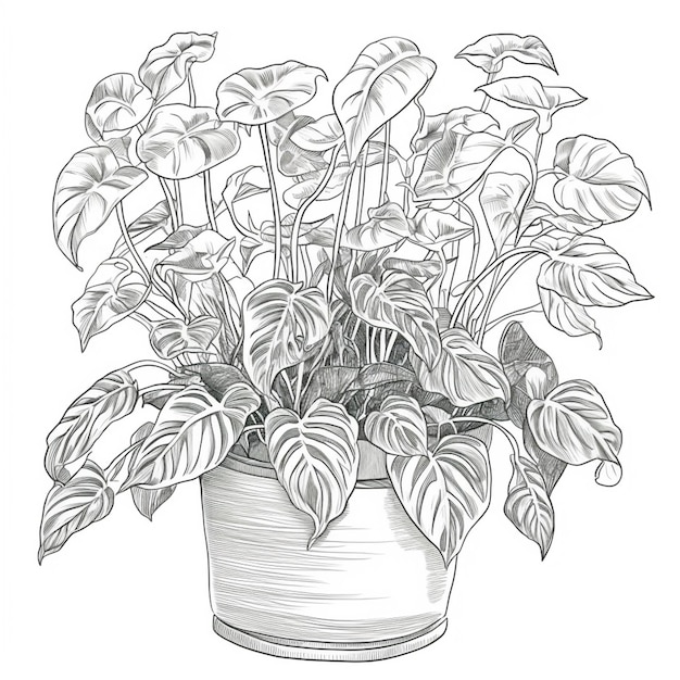 a drawing of a potted plant with a lot of leaves generative ai