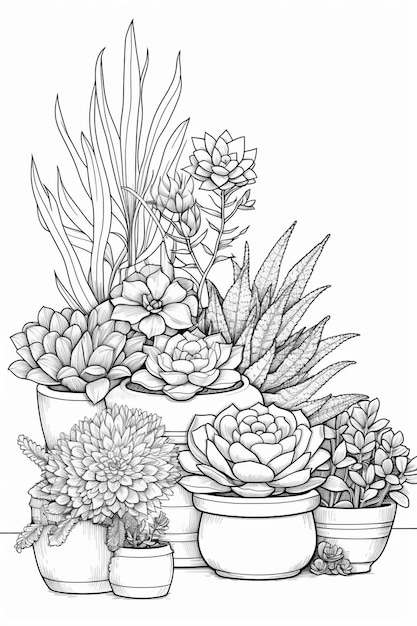 A drawing of a potted succulents with plants in them.