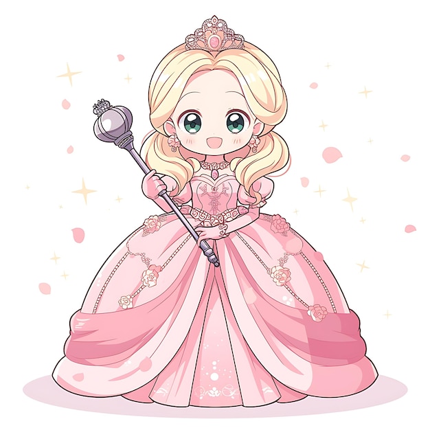 a drawing of a princess with a pink dress and a pink bow