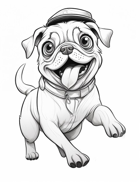 Photo a drawing of a pug dog with a hat and tie generative ai