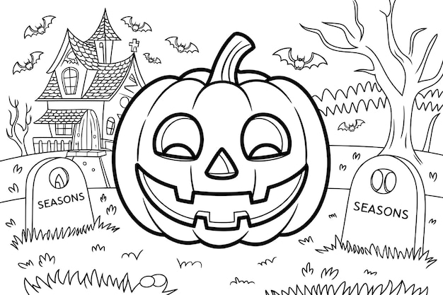 a drawing of a pumpkin with a castle in the background