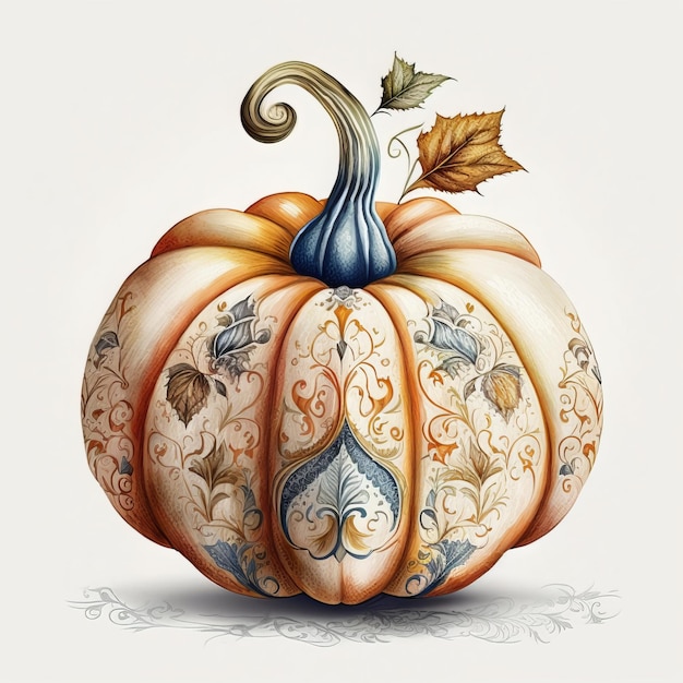 A drawing of a pumpkin with a leaf on it