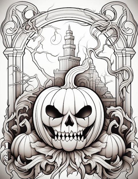 A drawing of a pumpkin with a skull and a castle in the background generative ai