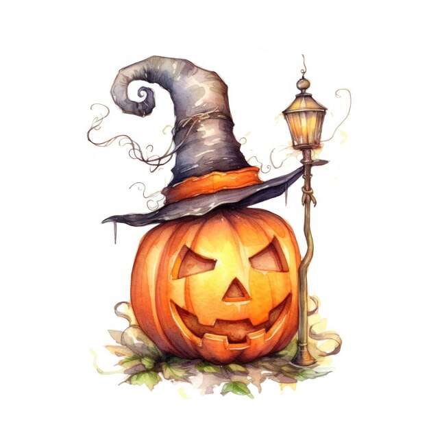 a drawing of a pumpkin with a witch hat on it