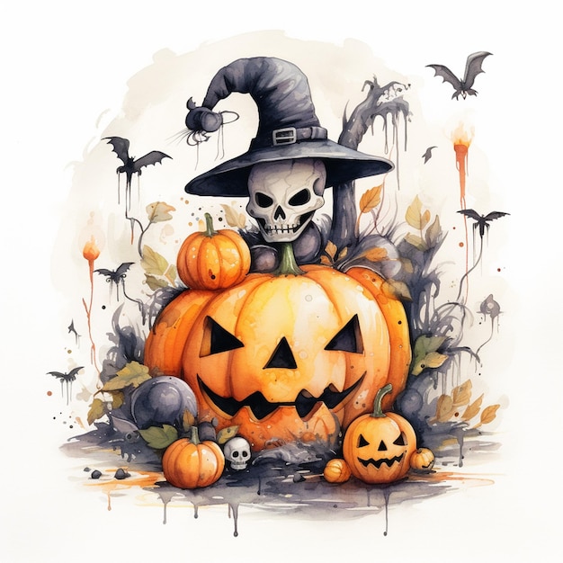 A drawing of a pumpkin with a witch hat on it