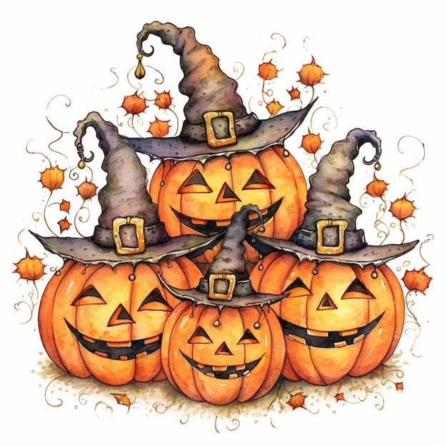 A drawing of pumpkins with hats and the word halloween on it