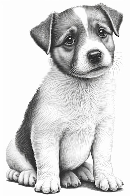 Photo drawing of a puppy sitting down with a sad look on his face generative ai