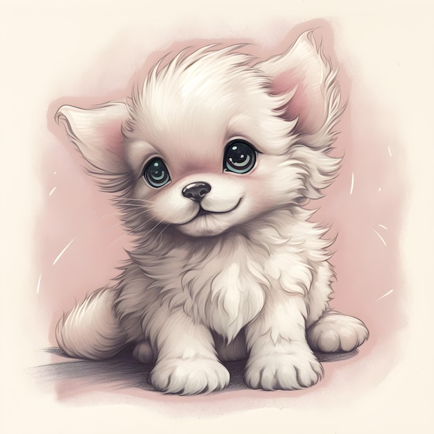 A drawing of a puppy with blue eyes and a pink background.