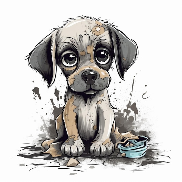 Рисунок щенка с грязным лицом и ведро с едой в нем.