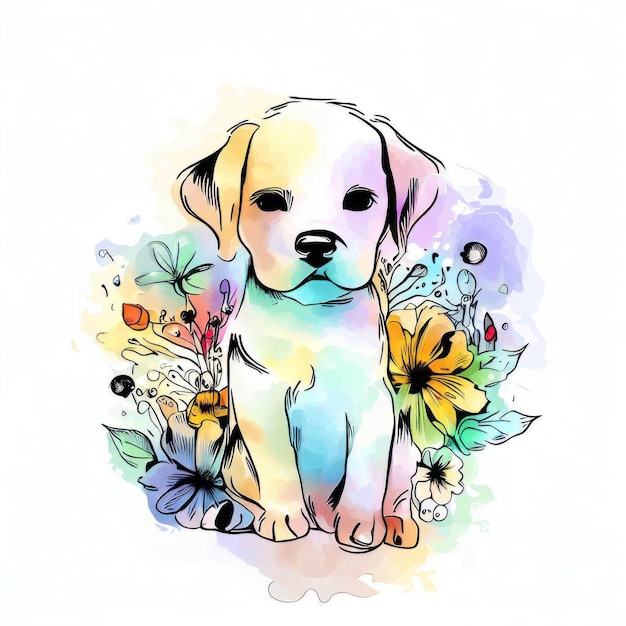 その上に花が描かれた子犬の絵