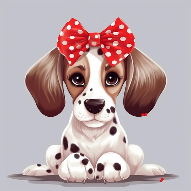 A drawing of a puppy with a red bow on its head