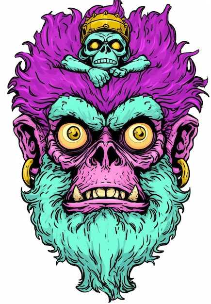 a drawing of a purple and blue monkey with a skull on top generative ai