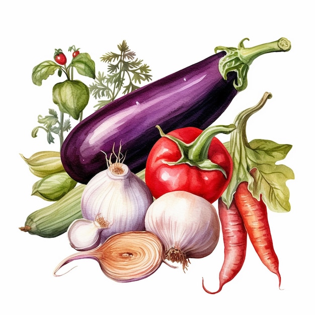 a drawing of a purple eggplant and some vegetables.