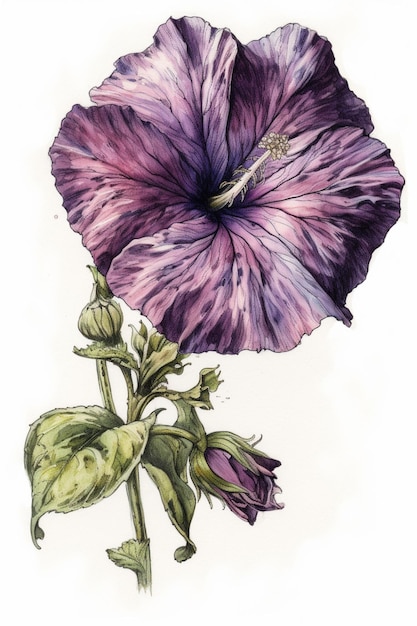 A drawing of a purple flower with green leaves and the word " on it. "