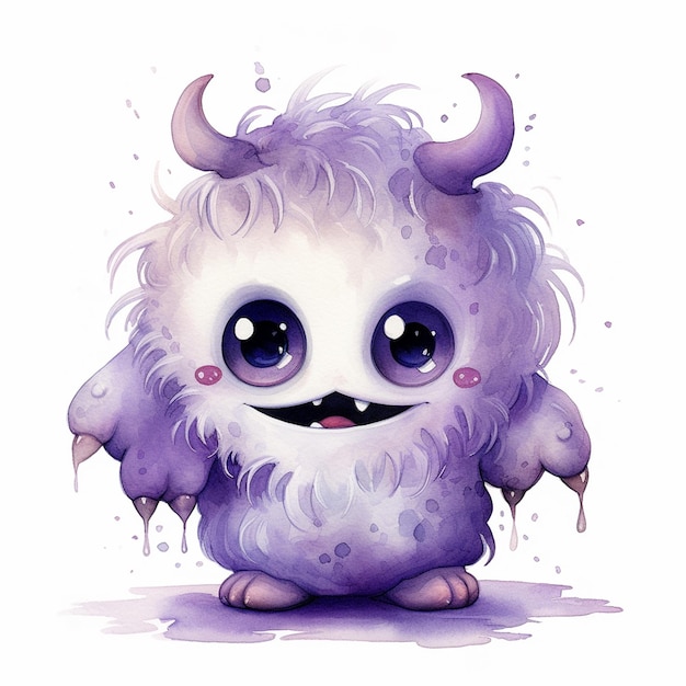 A drawing of a purple monster with purple eyes and a purple nose.