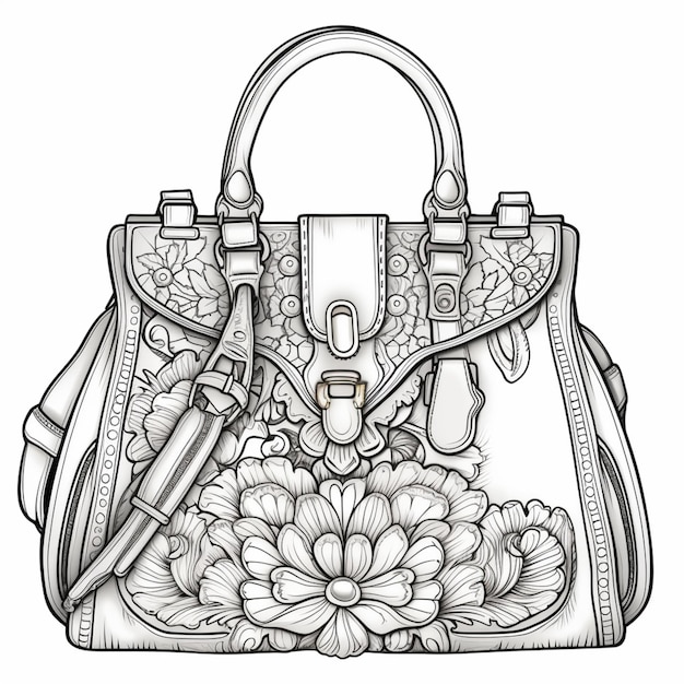 a drawing of a purse with flowers and a knife generative ai