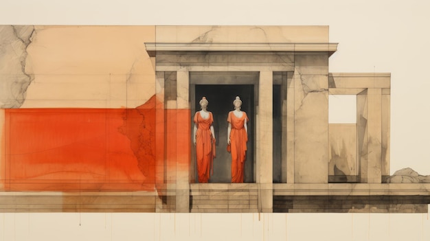 Drawing Of Queen Anne Architecture With Caryatides Of Acropolis And Rothko