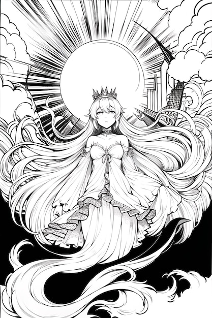 A drawing of a queen with a sun in the background.