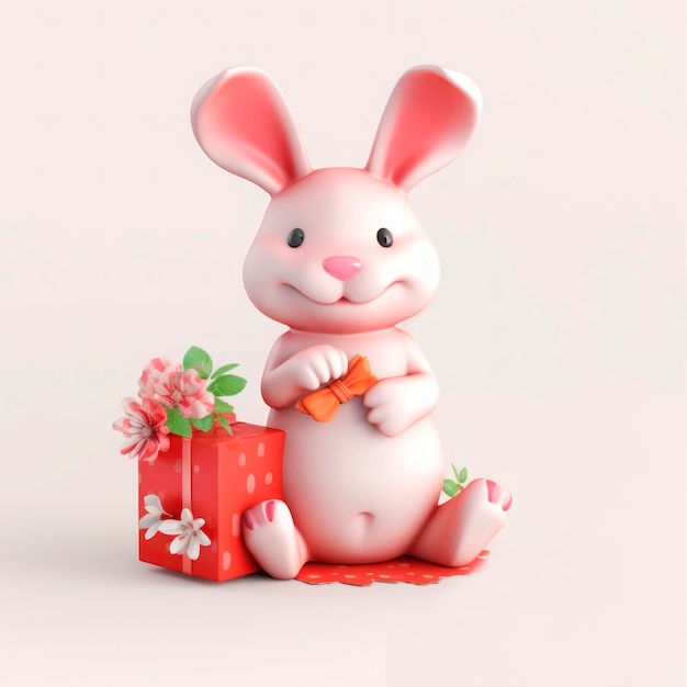 Рисунок кролика в куртке с подарком и морковкой для поздравительной открытки