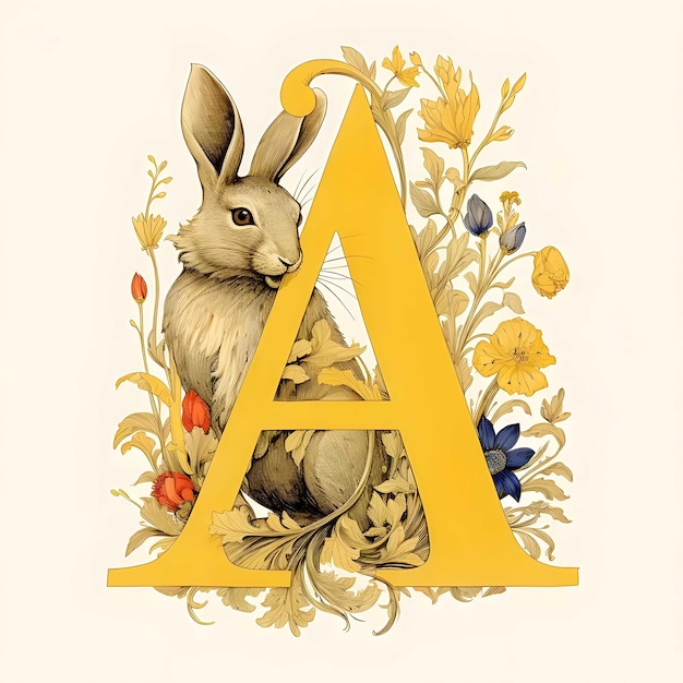 A drawing of a rabbit sitting in front of a letter