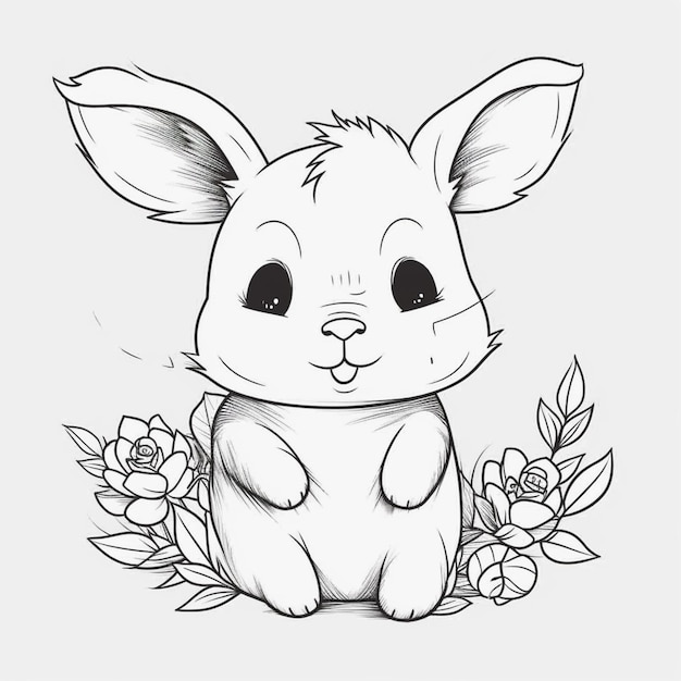 A drawing of a rabbit sitting in the grass with flowers generative ai