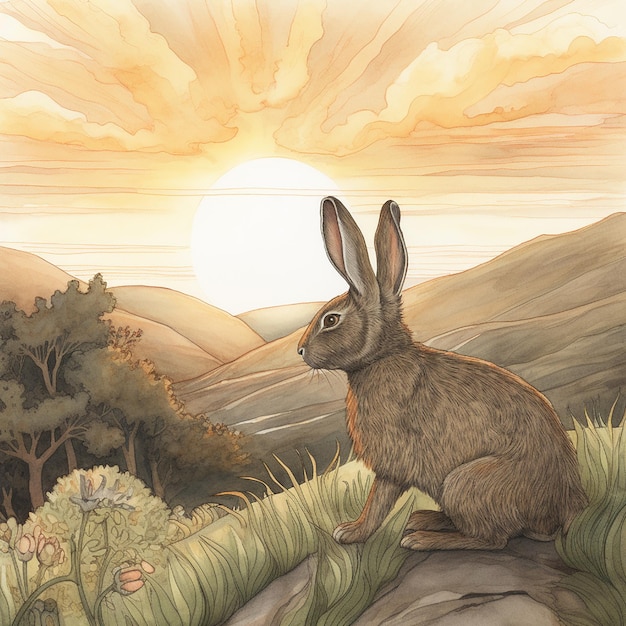 A drawing of a rabbit sitting on a rock in a field with a sunset in the background